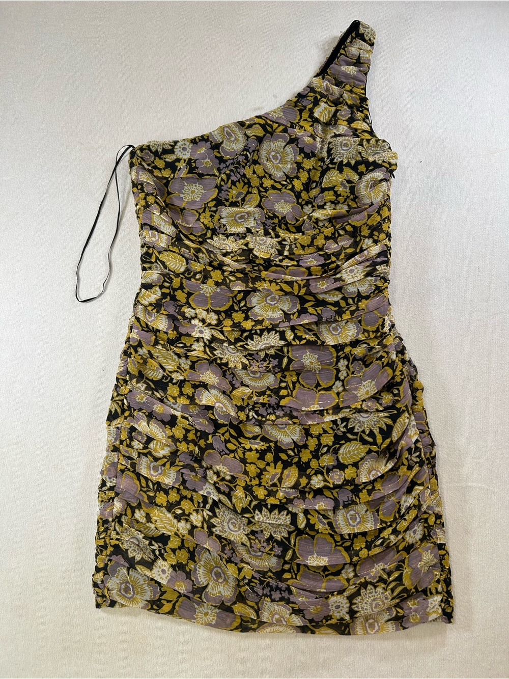 Zara One-Shoulder Floral Ruched Mini Dress - Black, Gold & Lavender